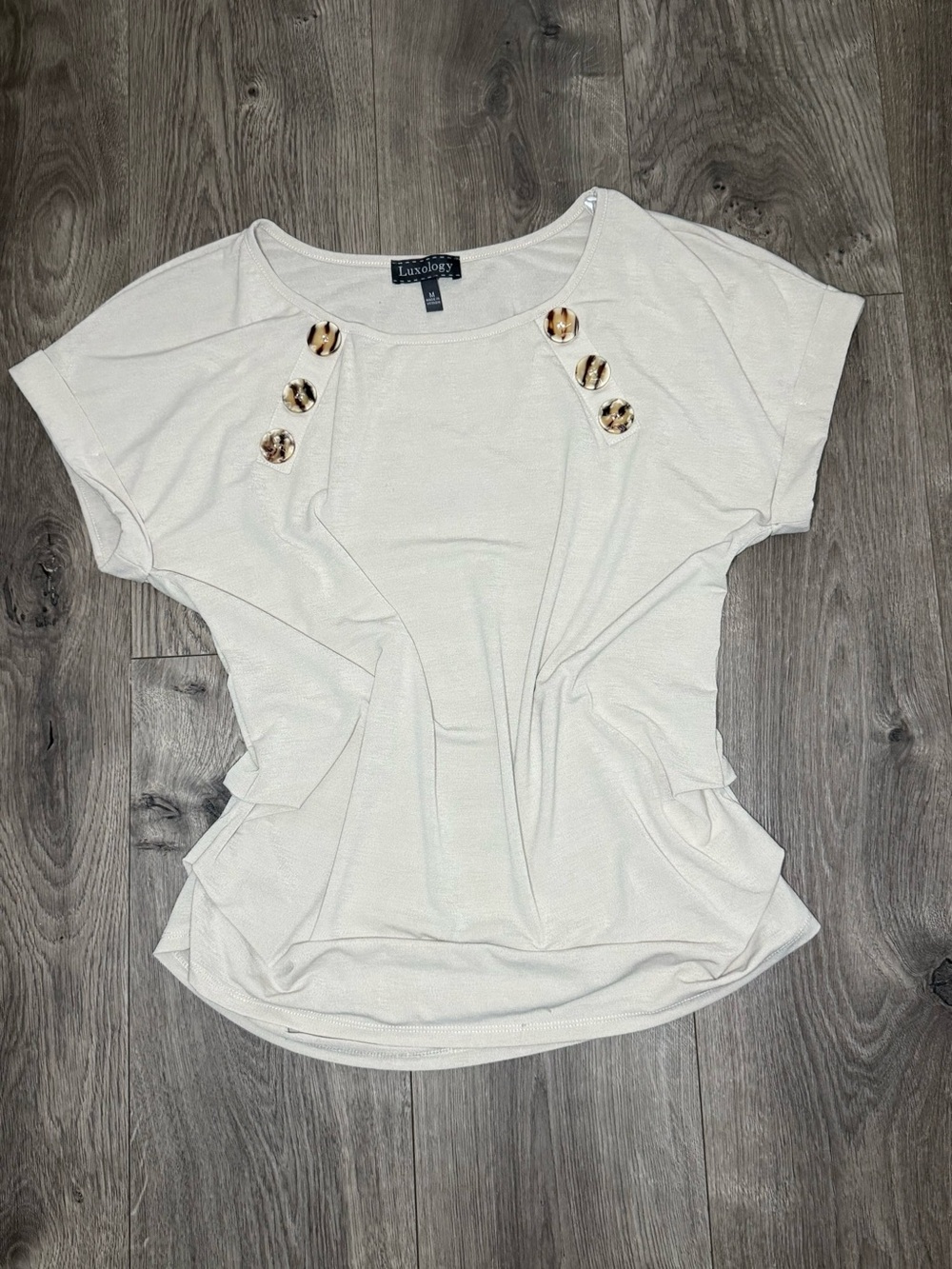 Luxology Cream Short Sleeve Top with Tortoiseshell Buttons
